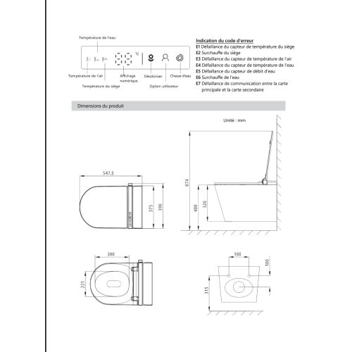 croquis dimensions et télécommande WC japonais aussielux