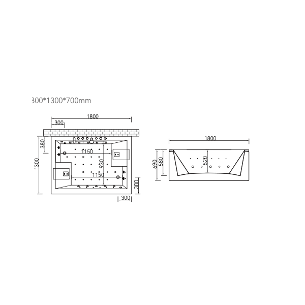 plan dessin des dimensions de la baignoire balnéo aquaduo INEOME